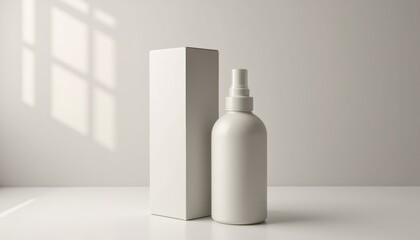 Poster - Realistic spray bottle mockup next to sleek box, minimalistic background, soft lighting, focusing on product details