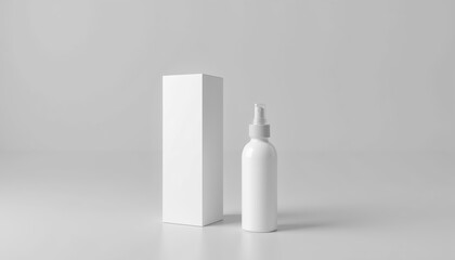 Poster -  Spray bottle mockup with matching box on white surface, highlighting design with subtle reflections