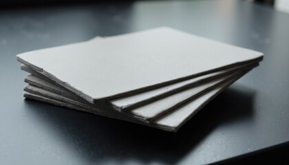 Fototapete - Close-up of a stack of business cards with subtle reflections, placed on a smooth desk, emphasizing the texture and design