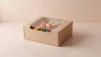 Aufkleber - Food storage box mockup with clear view of design and contents, neutral-colored surface, soft reflections, with copy space