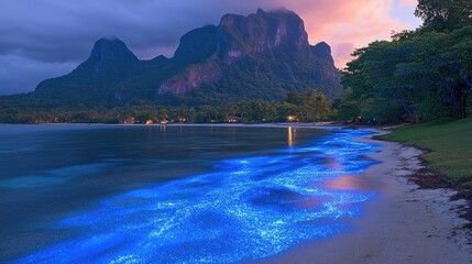 Wall Mural - Bioluminescent Waves Crashing on a Tropical Shore at Dusk