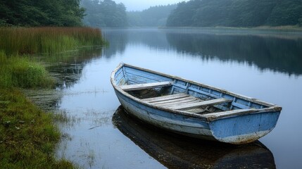 Wall Mural - Old Blue Rowboat Docked On Misty Lake Shore