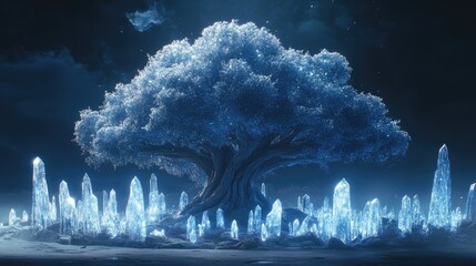 Wall Mural - Crystal Tree Enchanting Night Scene With Glowing Crystals