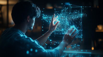 Poster - Hologram database. The big date consists of polygons, triangles of points and lines. The database is a low-poly compound structure. Technology concept vector.