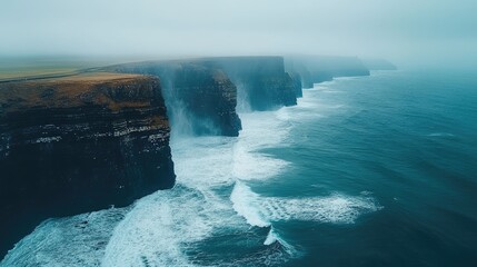 Poster - Dramatic Cliffs and Ocean Waves in Misty Conditions