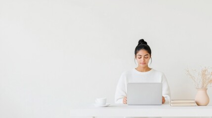 Poster - Focused Woman Studying with Laptop and Books at Minimalist Desk in Serene Atmosphere