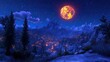 © BloomArt - Fiery Moon Over Snowy Mountain Village Lights