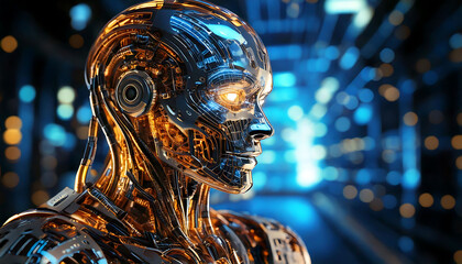 Poster - Stunning close-up of a metallic robot head, showcasing intricate internal mechanisms and glowing details.  Perfect for illustrating AI, technology, robotics, or futuristic concepts.