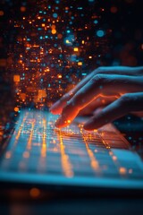 Leinwandbilder - Futuristic Typing Fingers on Keyboard with Digital Holograms