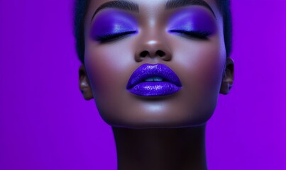 Wall Mural - Model with vibrant purple makeup on face and lips, showcasing skin texture and glossy finish.