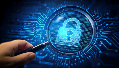 Poster - Cybersecurity concept: A hand uses a magnifying glass to examine a digital padlock on a futuristic circuit board background.