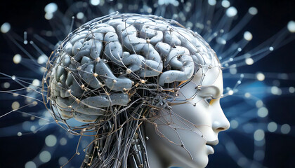 Poster - Stunning digital art depicting a futuristic robotic head with a visible, intricately wired brain.  Perfect for illustrating concepts of AI, technology, neuroscience, or the human-machine interface.