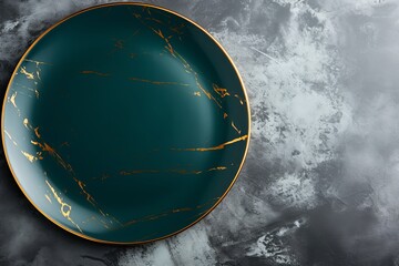 Poster - Elegant green and gold plate resting on a textured dark surface. Generative AI