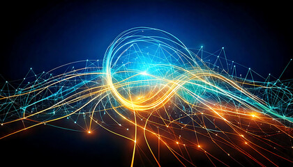 Poster - Abstract digital network concept.  Glowing lines and nodes create a dynamic, interconnected web, perfect for tech, AI, communication, or global network visuals.