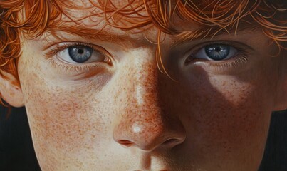 Wall Mural - Red-haired individual with prominent freckles; close-up portrait highlighting skin texture and vibrant coloration.