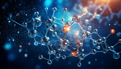Poster - Stunning abstract image of a molecule structure, perfect for science, technology, and medical projects.  The vibrant blue and orange hues create a dynamic and visually captivating design.