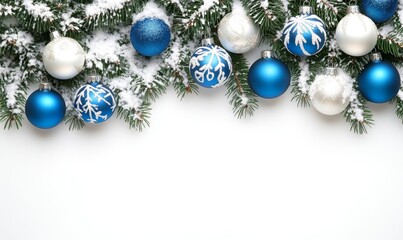 Wall Mural - A Christmas border featuring pine branches, blue baubles, silver snowflakes, and glitter, set against a white backdrop, accentuated by sparkling lights and a festive frame