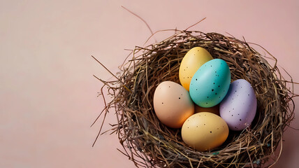 Coloeful easter eggs in nest on pastel color background with space.