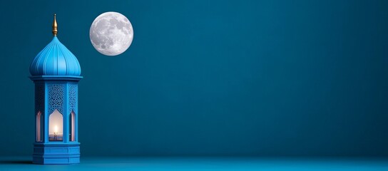 Wall Mural - ramadan backdrop - lanterns under a starry night sky at a mosque - blue and dark hues