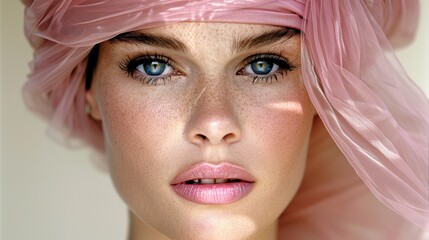 Wall Mural - Portrait of a Woman with Intriguing Expression, Adorned in a Pink Headscarf, Highlighting Her Striking Eyes and Freckled Complexion, Emphasizing Natural Beauty and Poise