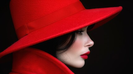 Wall Mural - Profile of a Person Wearing a Bold Red Hat and Red Coat Against a Dark Background, Highlighting Elegant Fashion Style and Dramatic Contrast