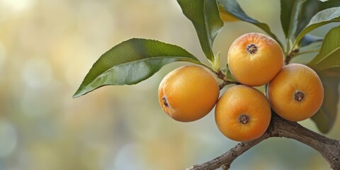 Wall Mural - A picturesque close-up of ripe loquats with vibrant orange hues, elegantly hanging on a branch with smooth green leaves basking in the gentle sunlight.