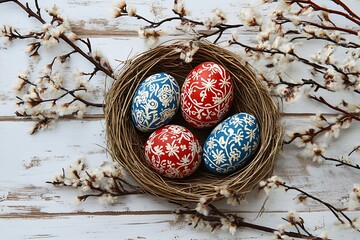 Wall Mural - Easter eggs in nest with traditional folk ornament and willow branches on white wooden background, card with copy space, top view banner, happy spring holiday concept