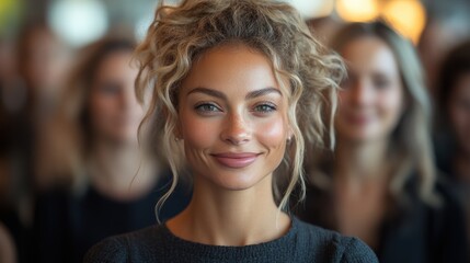 Poster - A young adult with curly blonde hair and a pleasant expression is standing in a crowd, with a slightly blurred background of people, creating a lively yet intimate atmosphere.