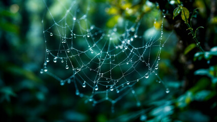 Morning Dew on Spider Web in Forest Representing Nature's Intricate Design