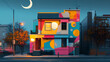 © Thiago - A house adorned in vivid colors on a grey street, illustrating the bold contrast between artistic individuality and societal conformity. Moonstream. Illustration