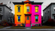 © Thiago - A house adorned in vivid colors on a grey street, illustrating the bold contrast between artistic individuality and societal conformity. Moonstream. Illustration