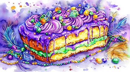 Wall Mural - Colorful Mardi Gras King Cake With Beads and Feathers Art. Concept of Festive Celebration, Traditional Dessert