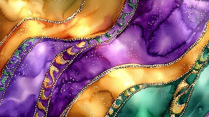 Wall Mural - Vibrant Mardi Gras Watercolor Art Featuring Rich Purple, Gold, and Green Abstract Patterns. Copy space