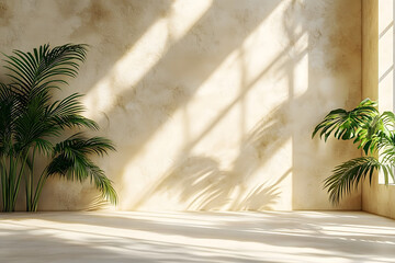 Poster - A 3D-rendered empty room with a textured wall featuring tropical leaves shadows creates a minimal, pastel beige summer abstract background, ideal for product presentation and object display