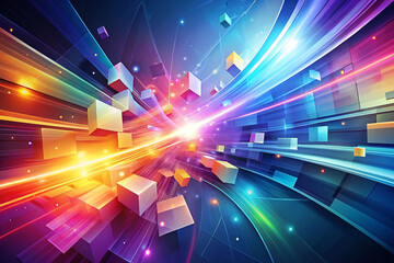 Poster - Abstract vibrant light streaks and colorful cubes in motion.