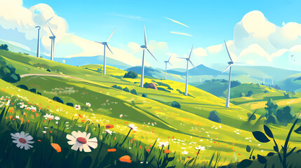 an open background with wind turbines on a rolling hill, emphasizing renewable energy sources. winds