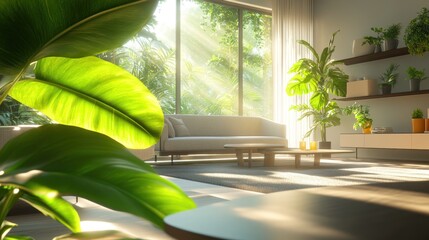 Aufkleber - Cozy living room with large windows and lush plants allowing sunlight to enhance the atmosphere. Generative AI