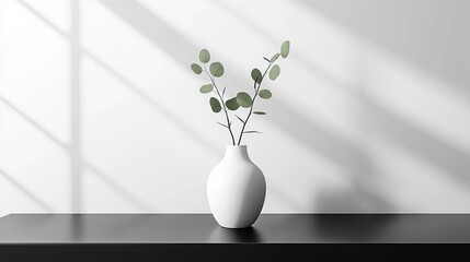 Aufkleber - White vase with green branches on black table in minimalist room with light shadows. Generative AI