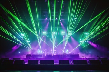 Poster - Colorful laser lights illuminate a concert stage during an electrifying music performance at night. Generative AI