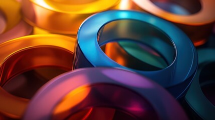 Fototapete - Colorful metallic circular rings stacked together showcasing vibrant hues and reflections of light. Generative AI