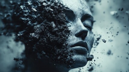 Poster - Conceptual representation of transformation through fragmented human facial features with dark textures. Generative AI