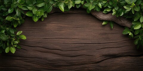dark wooden surface with green leaves and tree trunk, ideal for natural design use.