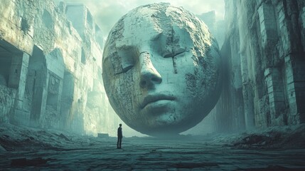 Poster - Enigmatic scene of a colossal stone face in a ruined city during twilight hours. Generative AI