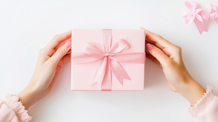 Elegant presentation of pink gift with ribbon held by female hands on white background. valentine's day, Women's Day