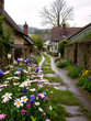 © Anna - A quaint village path lined with blooming flowers during a rainy day, creating a picturesque and serene landscape that captures tranquility and rural charm.