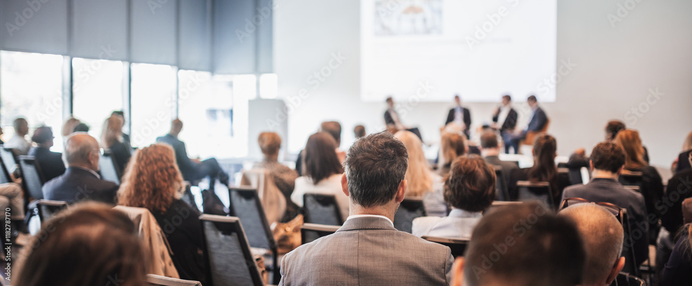 Interview Conference Table Interview and round table discussion at business convention and ...