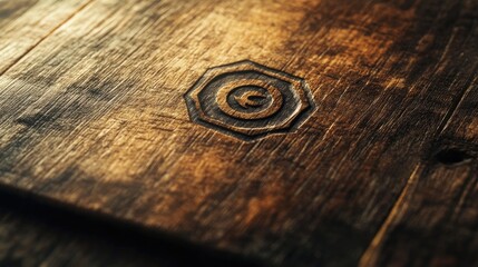 Wall Mural - A textured logo displayed on a rustic wooden board under natural sunlight.