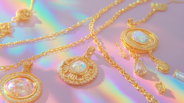 Gold charms and amulets displayed on a pastel rainbow background, blending mysticism and luxury