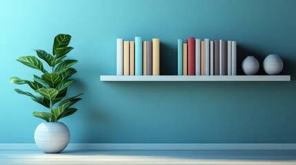 Poster - Modern interior with books on shelf and decorative plant in a serene living space. Generative AI