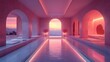 © zongyi - futuristic minimalist interior soft pastel colors glowing platform reflective surfaces ambient lighting tranquil digital art